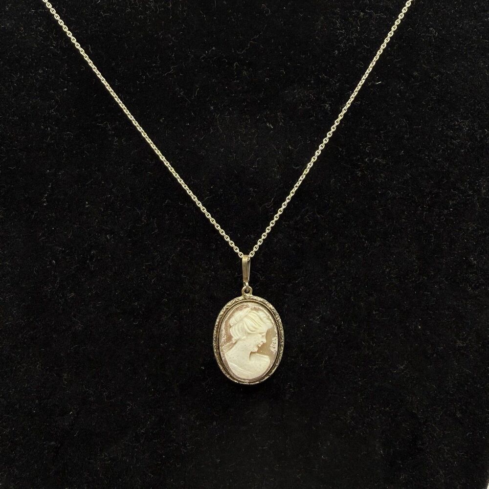 925 Sterling Silver Gold Tone Cameo Pendant Necklace Vintage Style